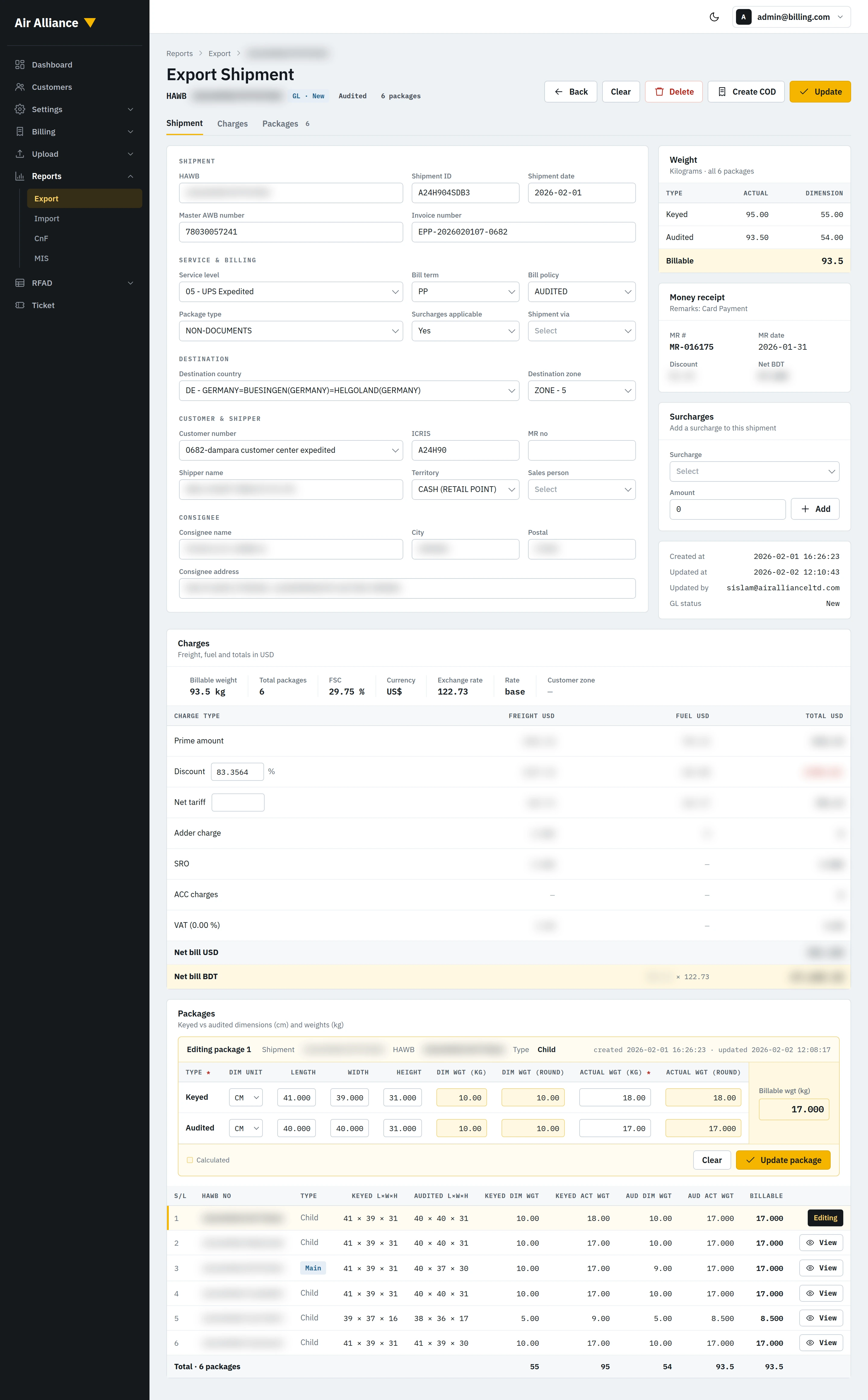 Air Alliance export shipment record with HAWB, service and billing details, keyed vs audited package weights, and charge breakdown; customer and shipper details blurred