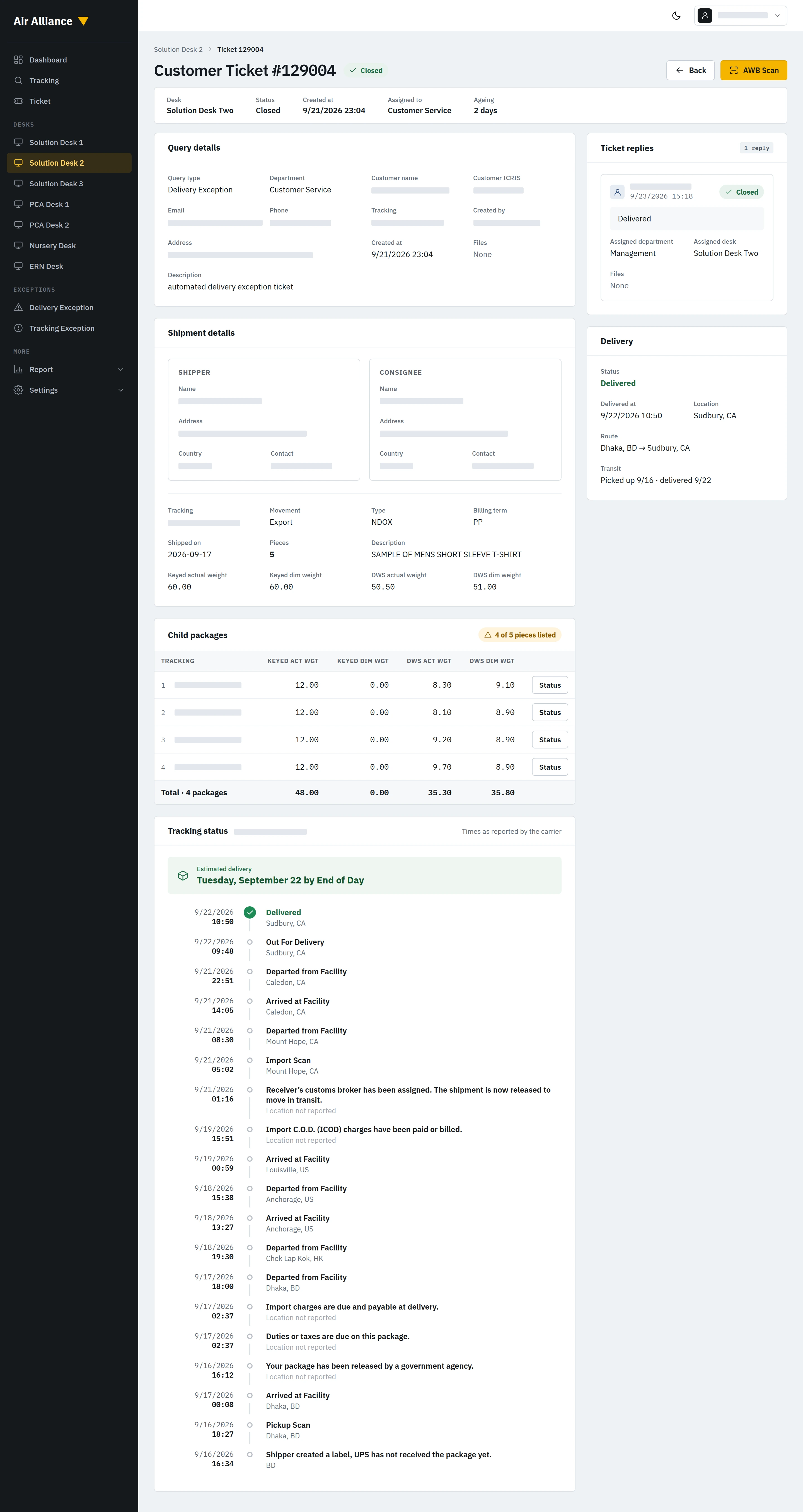Air Alliance customer ticket opened automatically from a delivery exception, with shipment and package details and the full carrier tracking history; customer details blurred