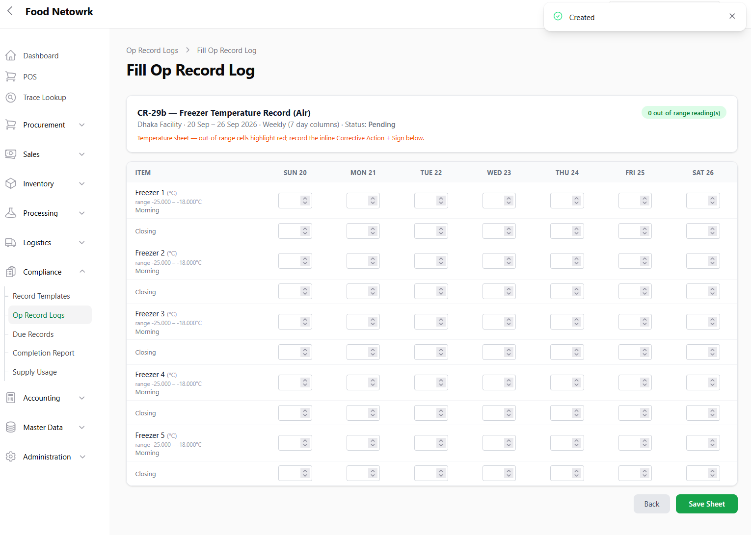 Seafood ERP freezer temperature record sheet with out-of-range checks