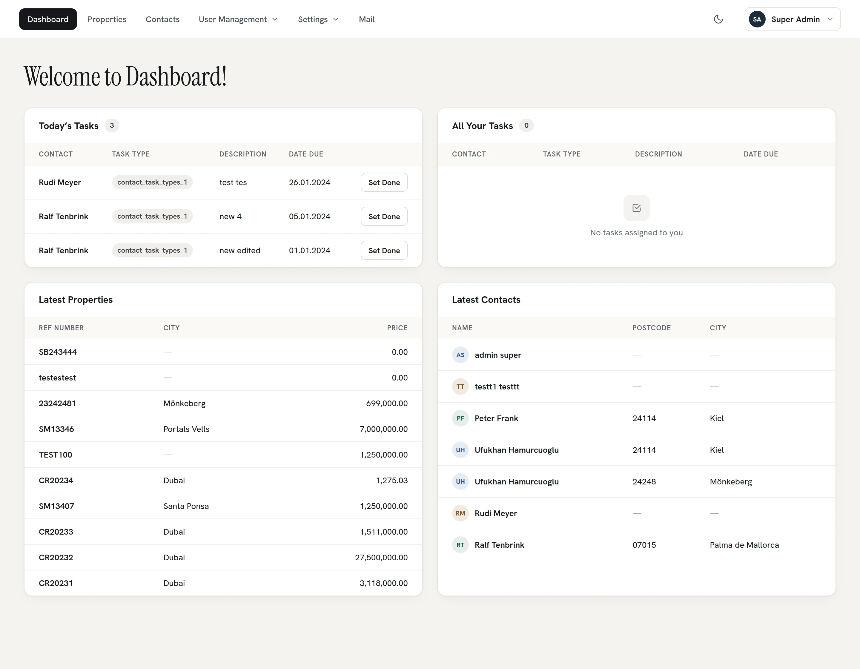 Resone dashboard showing tasks, properties and contacts