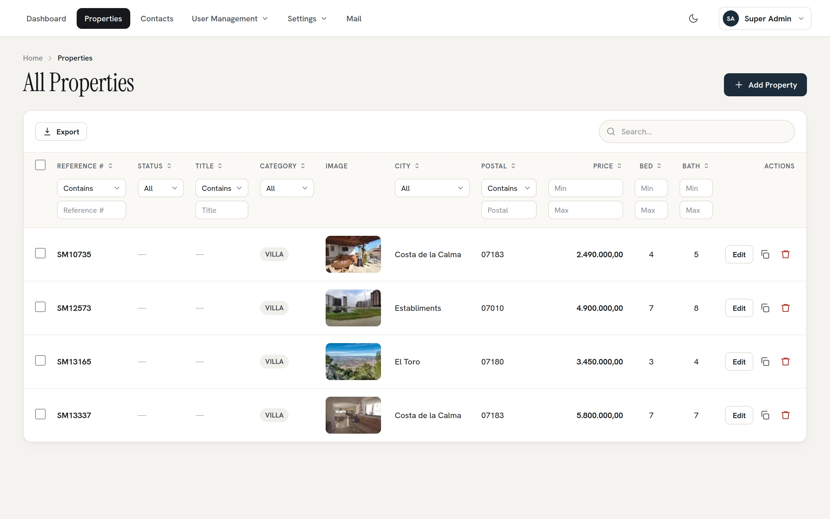 Resone property list and search filters